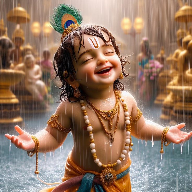 "Krishna embracing the rain with a playful smile, showcasing divine delight."