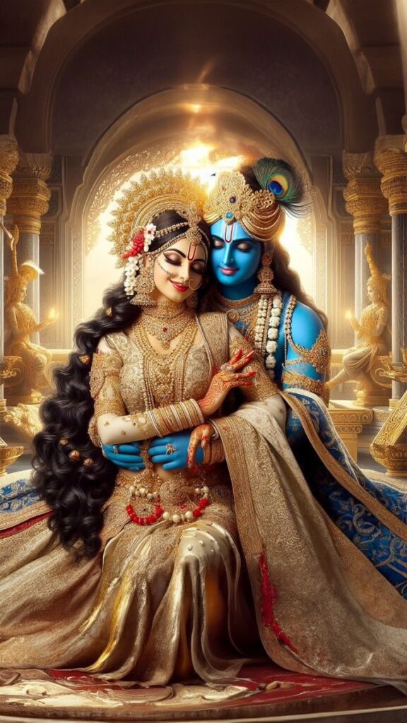 Krishna with Radha in Love Alt Text: "Divine depiction of Krishna and Radha in an embrace, radiating love and devotion."