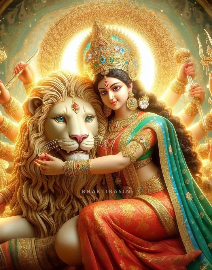 "Divine Maa Durga hugging a lion, showcasing her strength and affection."
