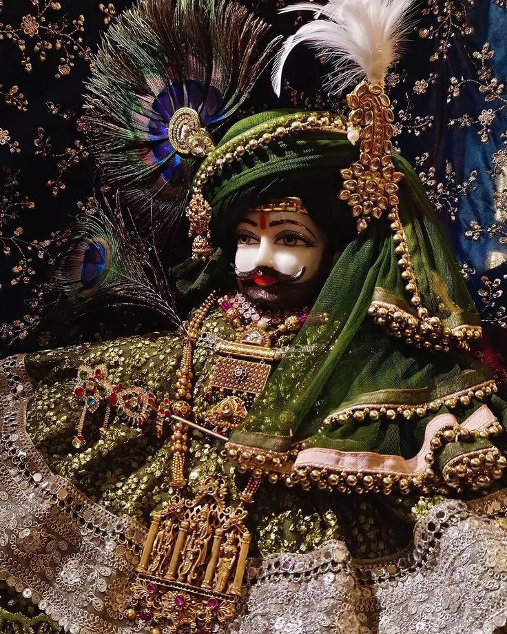 Wears royal attire, including vibrant traditional clothing.