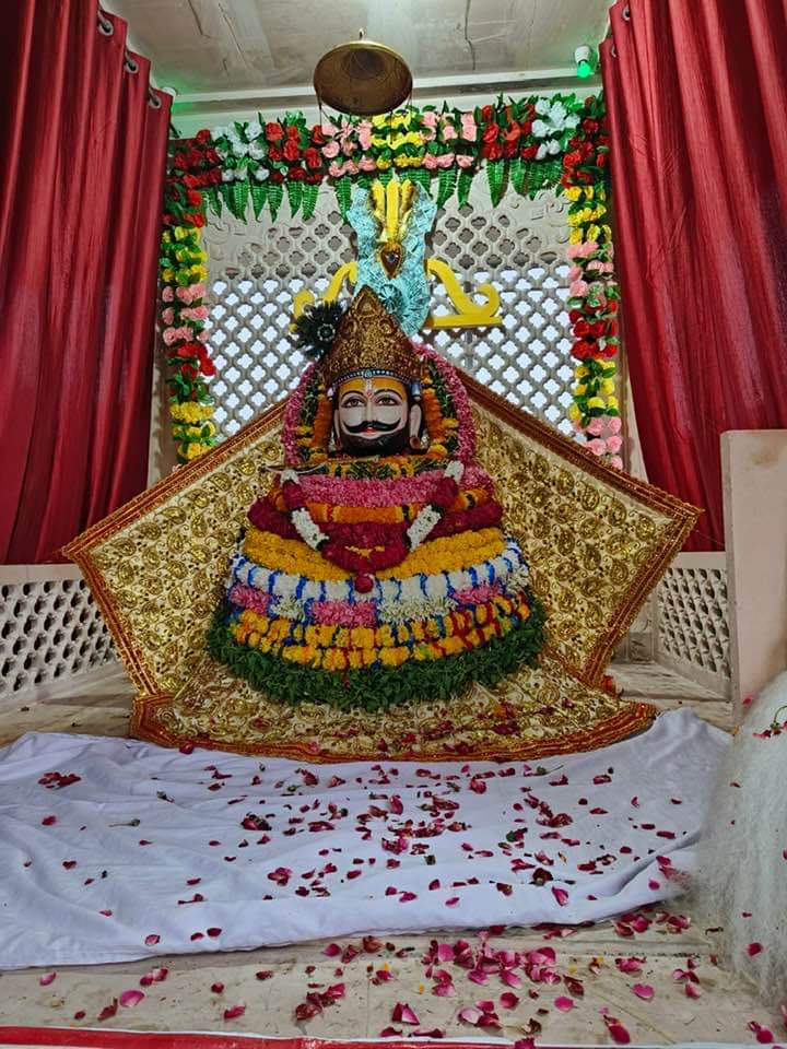 Adorned with a golden crown and peacock feathers.