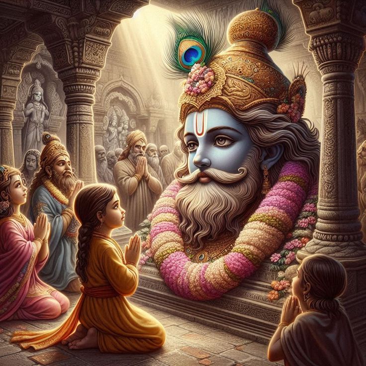 "Illustration of Khatu Shyam Baba, a revered Hindu deity with a dark complexion, adorned with a golden crown, peacock feathers, and a radiant halo. He wears traditional royal attire, including a colorful turban and jewelry, holding a divine weapon in his hand, symbolizing protection and devotion. His compassionate eyes and serene expression reflect his role as the guardian of his devotees."