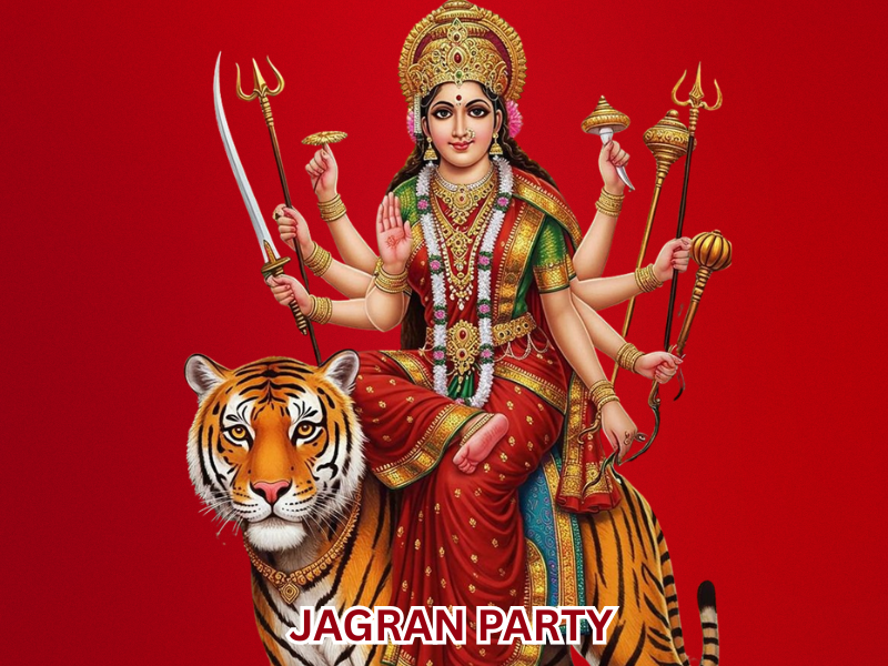 Maa Durga’s divine idol decorated with flowers during Mata Ki Chowki by Mishra Sankirtan Mandal in Delhi & Ghaziabad.