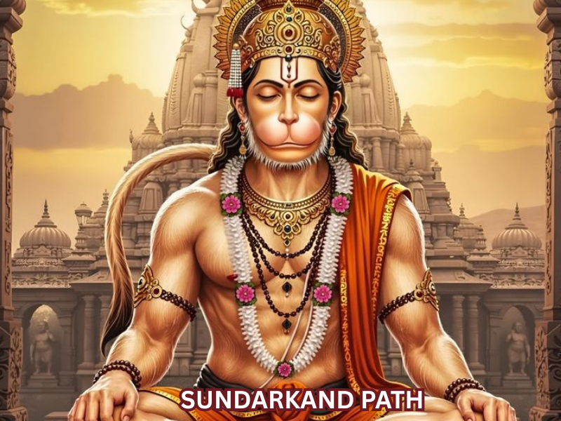 Sundarkand Path being performed with devotion by Mishra Sankirtan Mandal in Delhi and Ghaziabad, with Hanuman Ji’s idol and sacred setup